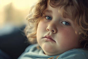 
sad overweight child portrait. problem of childhood obesity concept - obrazy, fototapety, plakaty