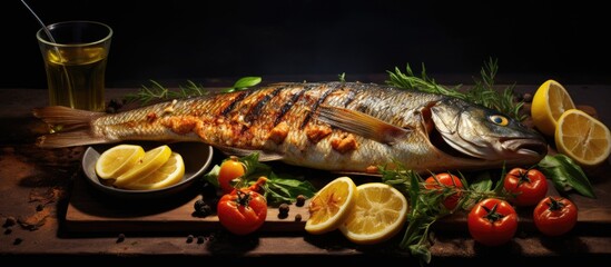 Fresh Mediterranean fishes on traditional BBQ fireplace oiling with virgin olive oil selective...