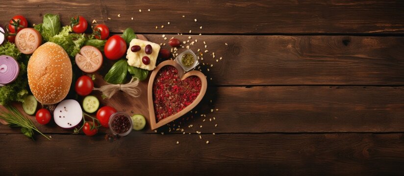 Heart shaped sandwich recipe ingredients with sauces on a wooden board Top view horizontal selective focus. Creative Banner. Copyspace image