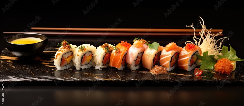 Aufkleber hand with black chopsticks holds a sushi custom sushi roll with cuttlefish ink salmon cream cheese p