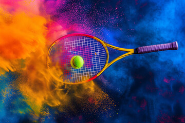 
tennis racket hits the ball with color explostion on the cort