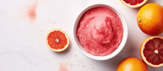 Poster Fresh blood orange fruit grapefruit scrub in a small white bowl and wooden hair brush Homemade body exfoliation natural beauty treatment and spa recipe Top view copy space. Creative Banner © HN Works