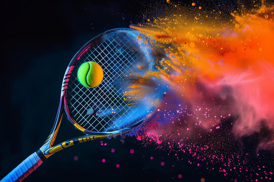 
tennis racket hits the ball with color explostion on the cort