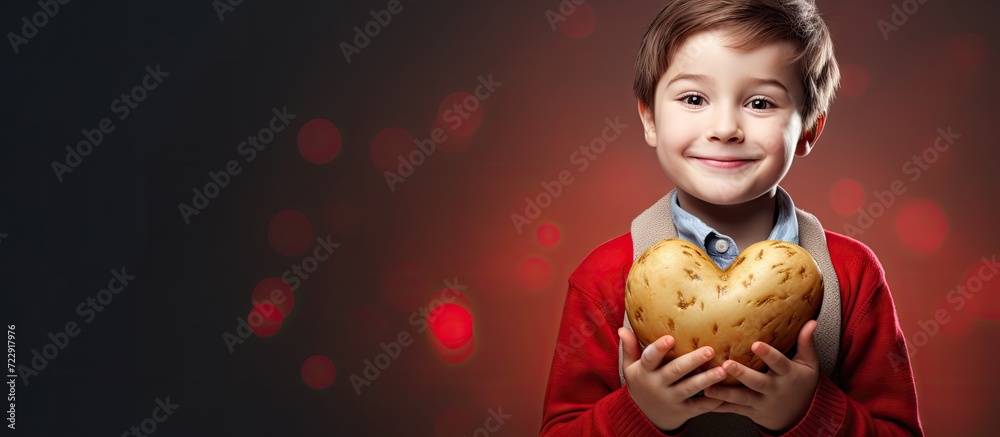 Poster happy child holds heart potato in hands and shows a heart shape with his own hands. creative banner.