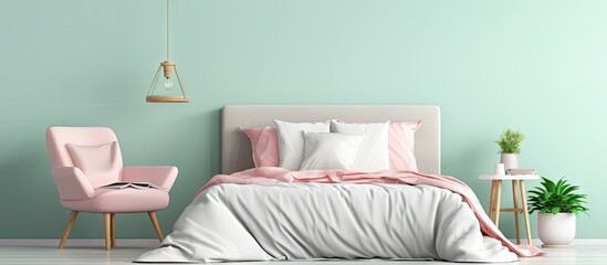 Grey and white bedsheets on king size bed and pink pillow on mint chair in fun color twist bedroom. Creative Banner. Copyspace image