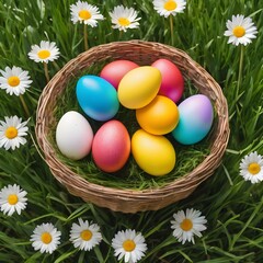 above top view of multi colored painted easter eggs on the green grass with springtime daisy flowers
