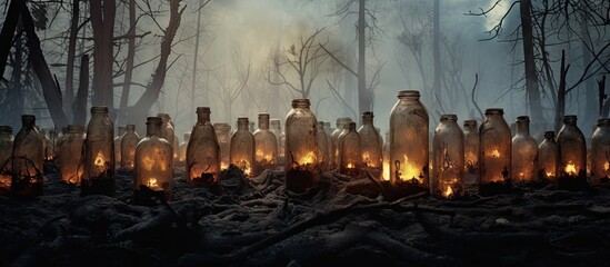 glass bottles found in the forest after a forest fire. Creative Banner. Copyspace image