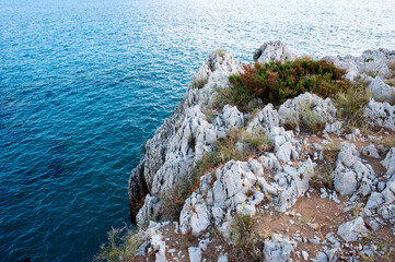 Top of the sea cliff with surprising chalky tips of rocks surrounded by Mediterranean scrubs. Cilento area, Italy. 