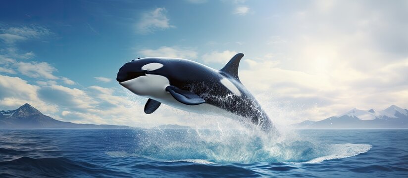Front killer whale Orcinus orca jumping out of blue water. Creative Banner. Copyspace image