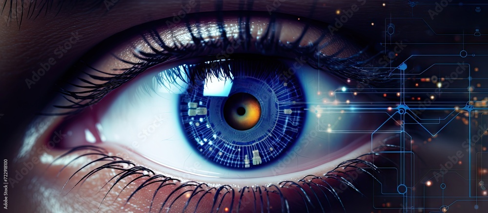Poster human eye with cyber retinal recognition for neuro link connection smart lens eyes vision diagnostic