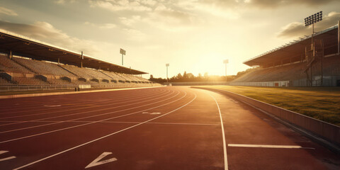 Athletics stadium with a racetrack and starting blocks.