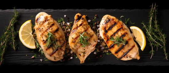 Grilled chicken breasts with thyme garlic and lemon slices on a grill pan close up top view. Creative Banner. Copyspace image - obrazy, fototapety, plakaty