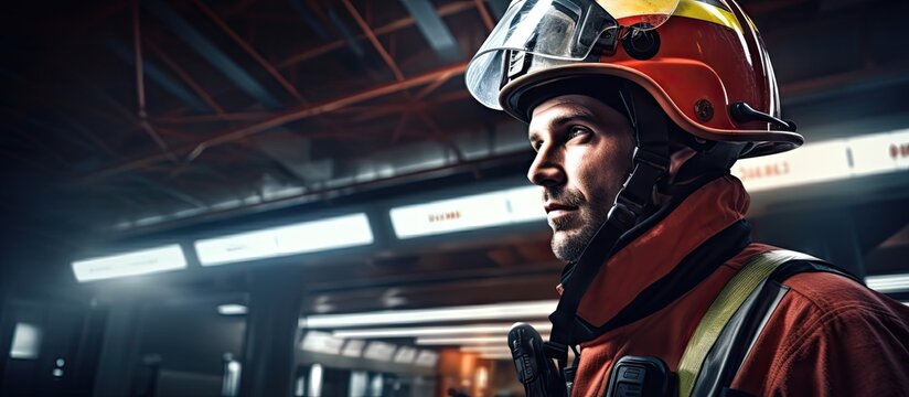 Handsome firefighter with hard hat indoors fire station. Creative Banner. Copyspace image