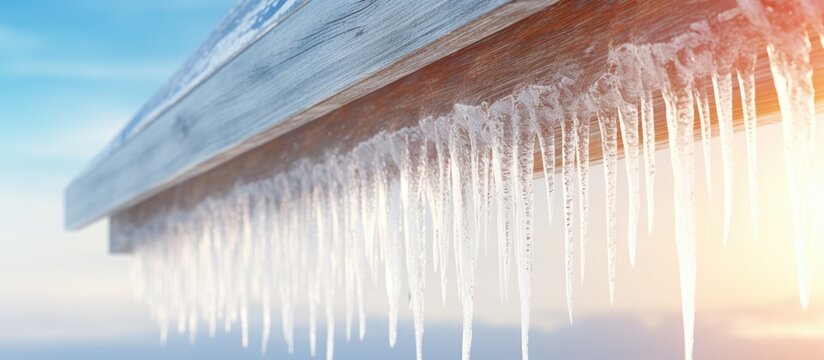 Icicle on the eaves of the roof on a winter day. Creative Banner. Copyspace image