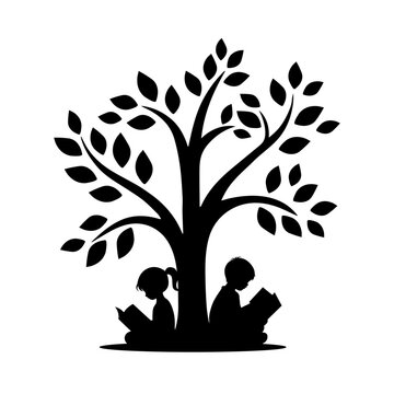 recommend clip art: Little boy and little girl reading book under the tree silhouette, love reading, kids reading books