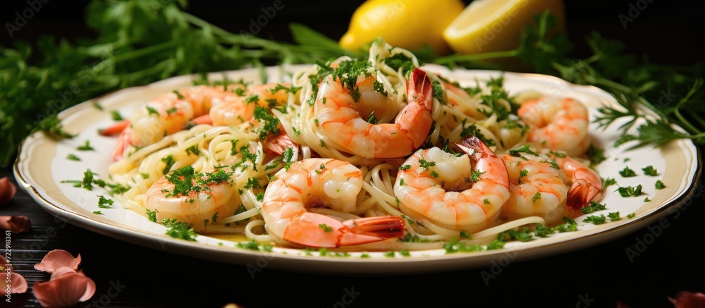 Poster homemade lemon shrimp scampi with garlic and parsley. creative banner. copyspace image