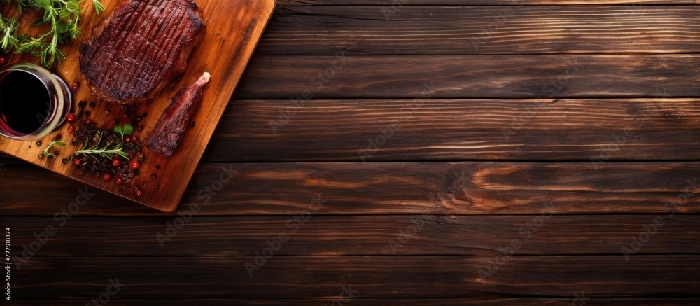 Poster grilled beef steak on wooden board and red wine top view flat lay. creative banner. copyspace image