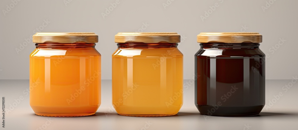 Poster honey jar mock up three jars blank label. creative banner. copyspace image