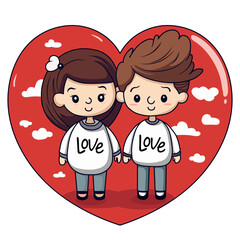 Happy boy and girl touch hands, feel in love. A cartoon couple is experiencing a moment of close bonding. Good relationship concept. Flat vector illustration. Couple in love against the background of 