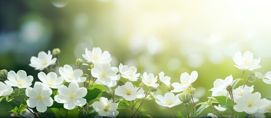 How beautiful white flowers are blooming it looks amazing full of green nature around open sky shining sun around. Creative Banner. Copyspace image