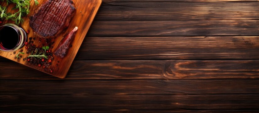 Grilled beef steak on wooden board and red wine Top view flat lay. Creative Banner. Copyspace image