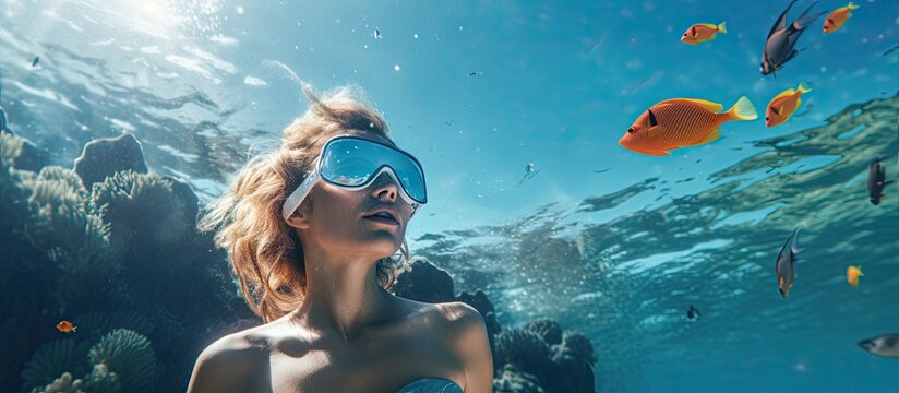 girl snorkeling underwater in the sea corals and fish. Creative Banner. Copyspace image