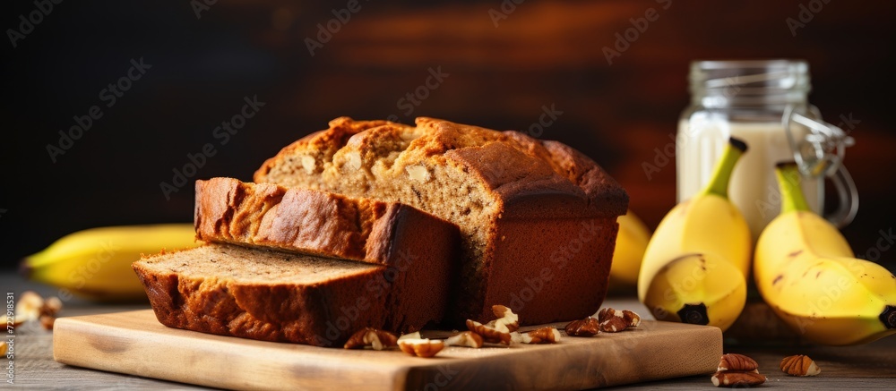 Fototapete homemade banana bread sliced on a table close up horizontal rustic style. creative banner. copyspace