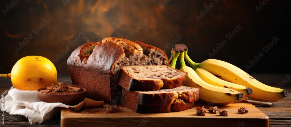 Aufkleber Homemade banana bread sliced on a table close up horizontal rustic style. Creative Banner. Copyspace image
