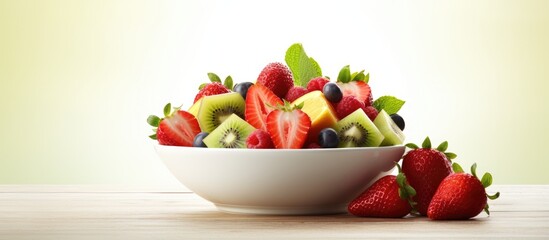 Fresh fruit salad with strawberry pineapple kiwi ananas and mint Delicious cut fruit in a bowl. Creative Banner. Copyspace image