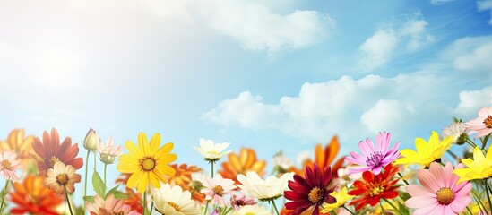How beautifully the flowers of mixing colors are blooming it looks very beautiful full of green nature around open sky and shining sun around. Creative Banner. Copyspace image