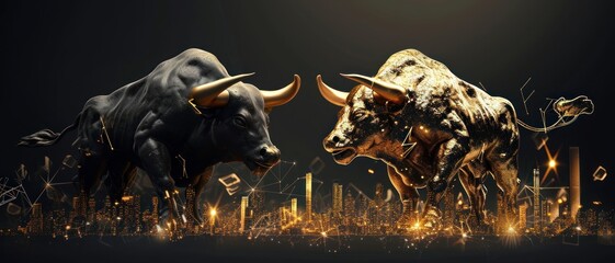 bull and bear financial infograhic stock market chart award in gold and black color with copyspace area as wide banner - Generative AI