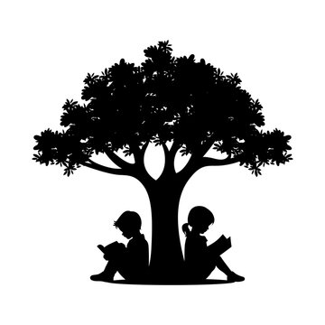 recommend clip art: Little boy and little girl reading book under the tree silhouette, love reading, kids reading books