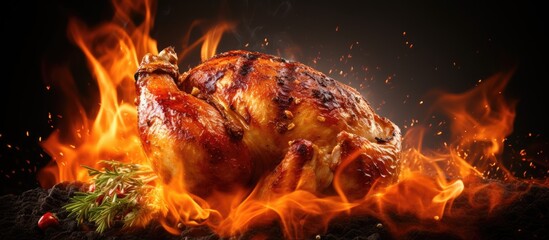 Grilled chicken thigh on the flaming grill. Creative Banner. Copyspace image - obrazy, fototapety, plakaty