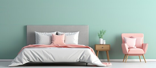 Fototapeta na wymiar Grey and white bedsheets on king size bed and pink pillow on mint chair in fun color twist bedroom. Creative Banner. Copyspace image