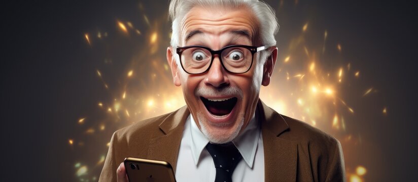 Happy Surprised Senior Mobile Phone User Man Shocked Excited With Good News Staring At Smartphone Reading Notice Message On Screen Saying Wow Gasping Shouting For Joy Communication. Creative Banner