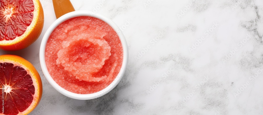 Sticker fresh blood orange fruit grapefruit scrub in a small white bowl and wooden hair brush homemade body 