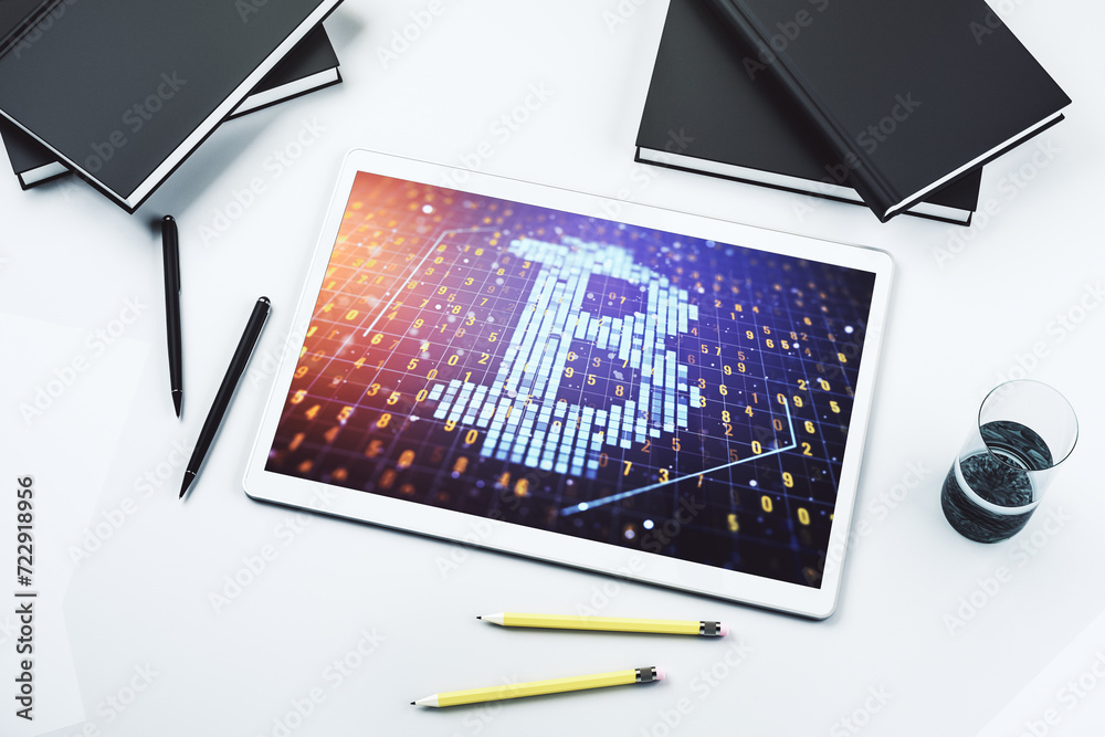 Poster Top view of modern digital tablet screen with creative Bitcoin symbol hologram. Mining and blockchain concept. 3D Rendering