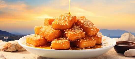 Fried Feta with honey and sesame in Skopelos Greece. Creative Banner. Copyspace image