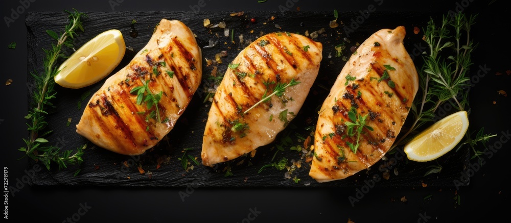 Poster grilled chicken breasts with thyme garlic and lemon slices on a grill pan close up top view. creativ