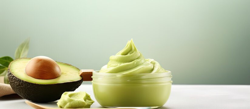 Fresh avocado puree in a small bowl and wooden hairbrush Homemade face or hair mask natural beauty treatment and spa recipe Top view copy space. Creative Banner. Copyspace image