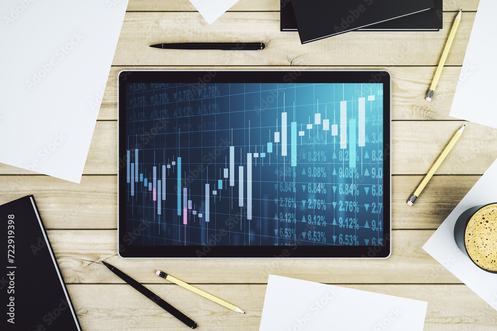 Poster modern digital tablet monitor with abstract creative financial chart, research and strategy concept.