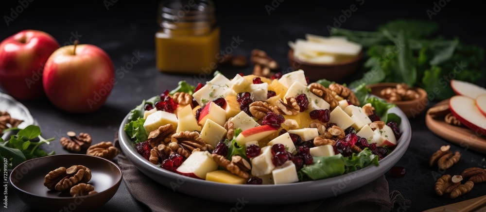 Poster homemade autumn apple walnut spinach salad with cheese and cranberries. creative banner. copyspace i