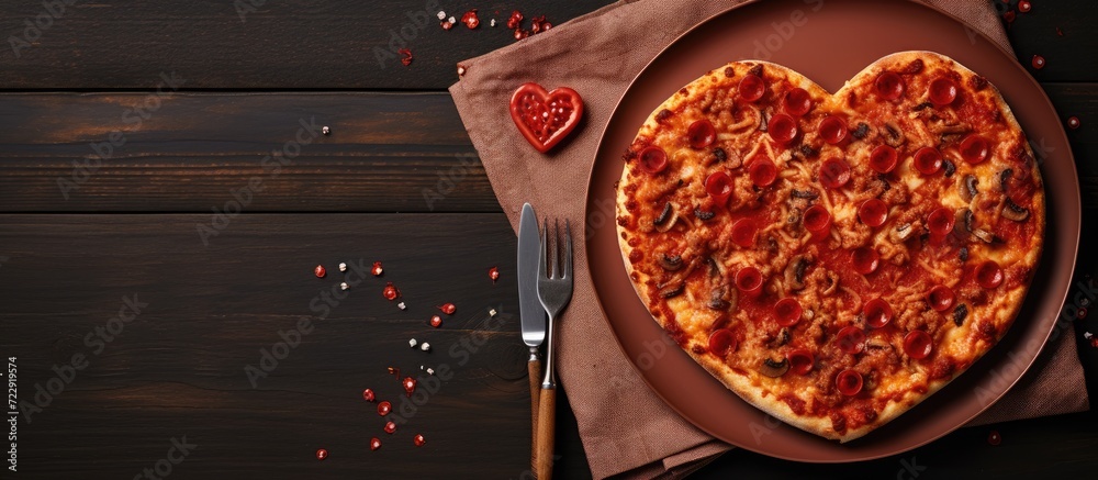 Poster fresh baked slice of thin crust supreme pizza sitting on white plate with red heart napkin and fork.