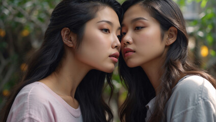 Fototapeta premium Sweet Asian gay LGBT couple in summer garden. A morning full of happiness and love. Lifestyle. LGBT Asian lesbian couple. Two sexy lesbian babes kissing. Love pride month concept