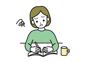 困った顔で勉強する女性