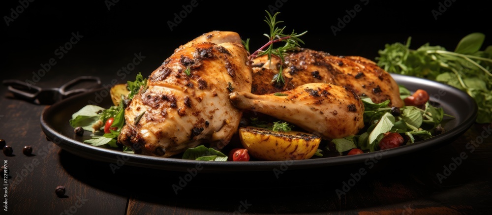 Poster grilled chicken with butter lemon and garlic on white plate. creative banner. copyspace image