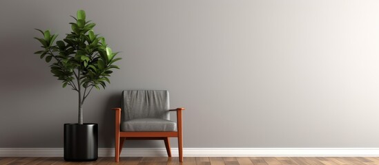 Grey room interior with plants in black pots on a cupboard next to a chair on wooden floor. Creative Banner. Copyspace image