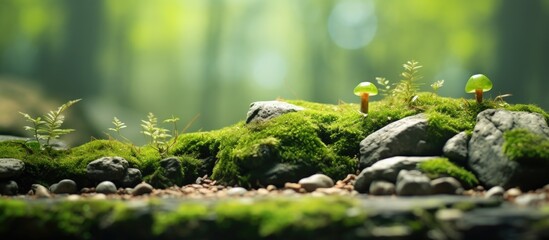 Green moss grows on rocks and trees selective focus. Creative Banner. Copyspace image