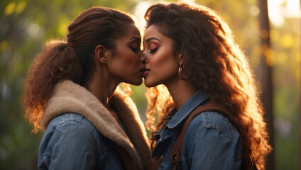 African American marriages or black LGBT girlfriends having a good time indoors in the setting sun. Two young loving girls in denim jackets kissing on the day of the gay pride festival outdoors - obrazy, fototapety, plakaty