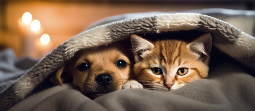 Goldust Yorkshire terrier puppy hugs tiny kitten under warm blanket on a bed at home. Creative Banner. Copyspace image